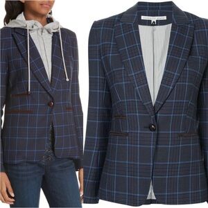 $698 VERONICA BEARD Keating Blue Plaid Leather Dickey Jacket elbow patch sz 14